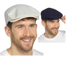 Mens Linen Flat Cap Traditional Stitched Peak Light Summer Hat in Cream & Navy
