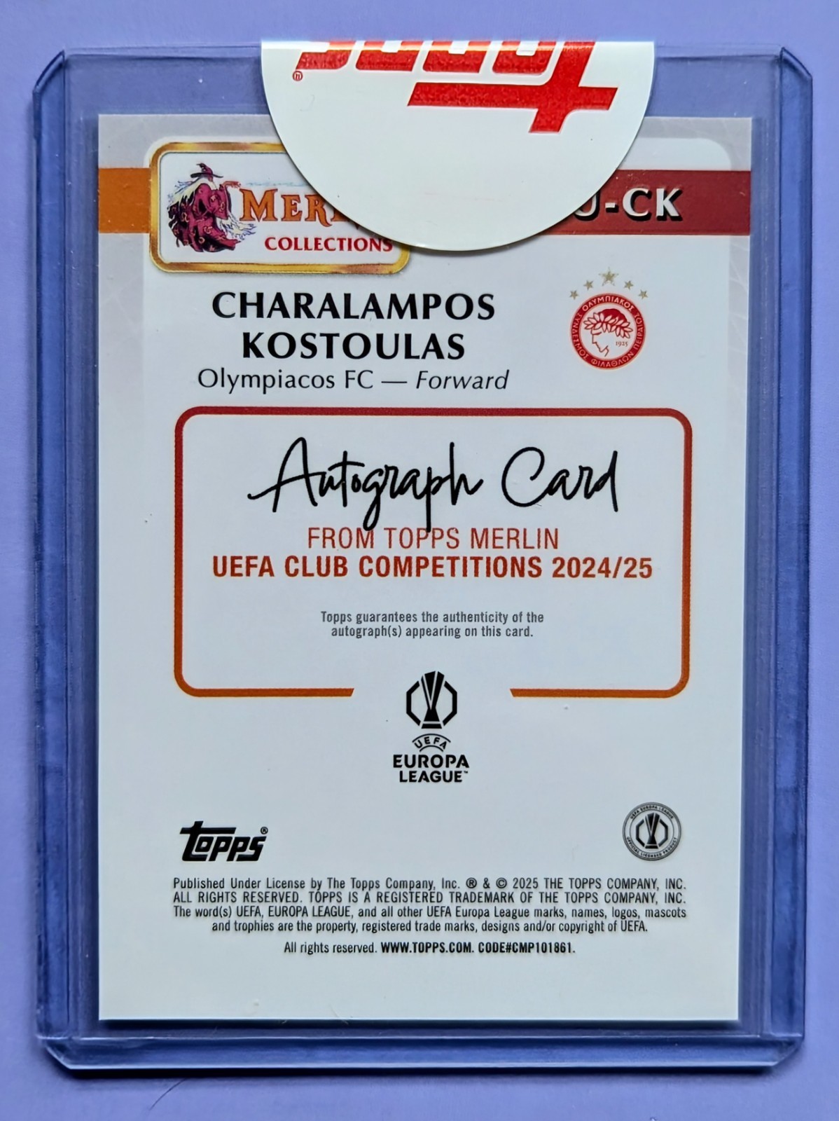 2024-25 Topps Merlin UEFA Charalampos Kostoulas RC Auto #AU-CK Olympiacos view 2