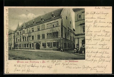Freiburg i. Br., Ansichtskarte, Kaiserstraße am Gr. Bezirksamt 1900 