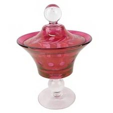Paden City Glass Cut Red Clear Compote Pedestal Lidded Candy Dish