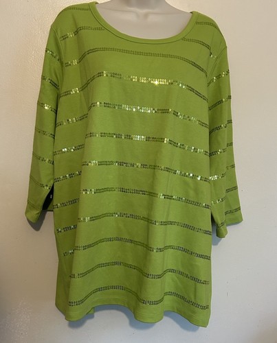 Quacker Factory Damen Line grün 2/4 Ärmel Top Pailletten Größe 1X