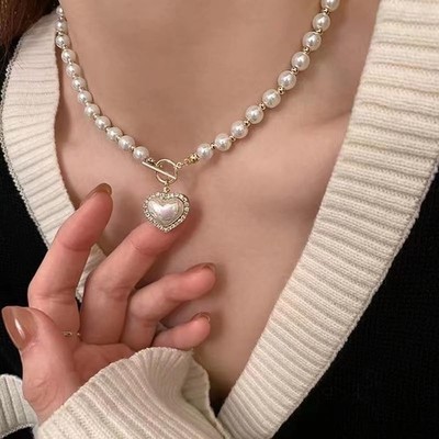 Flash Diamond Love Pearl Necklace Women's French Vintage Personalized Design OT