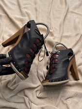 Vintage Women's Black Leather Lace Up Platform Sandals Wooden High Heel Peep Toe