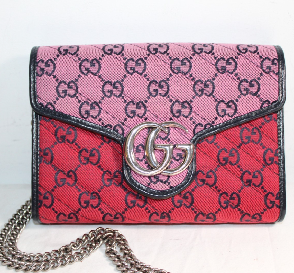 GUCCI NEW CANVAS GG Red Pink Marmont Wallet WOC Crossbody Shoulder