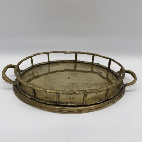 Vintage Bamboo Brass Oval Tray Double Bamboo Shaped Handles & Edge Made in India - Picture 1 of 8