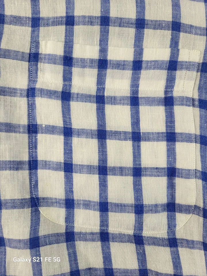 Peter Millar 100% Linen Shirt Mens M Blue/Wh Plaid Button Up Long Sleeve - Image 4 of 4
