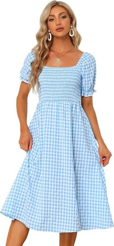 ALLEGRA K Damen Gr. L blau weiß Gingham gesmoktes Puffärmel Midikleid