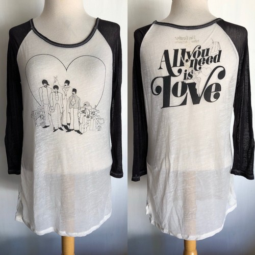 THE BEATLES Official "All You Need Is Love" Sheer Burnout Raglan T-Shirt Small