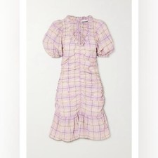 GANNI ruched checked organic cotton-blend seersucker mini dress EU 36