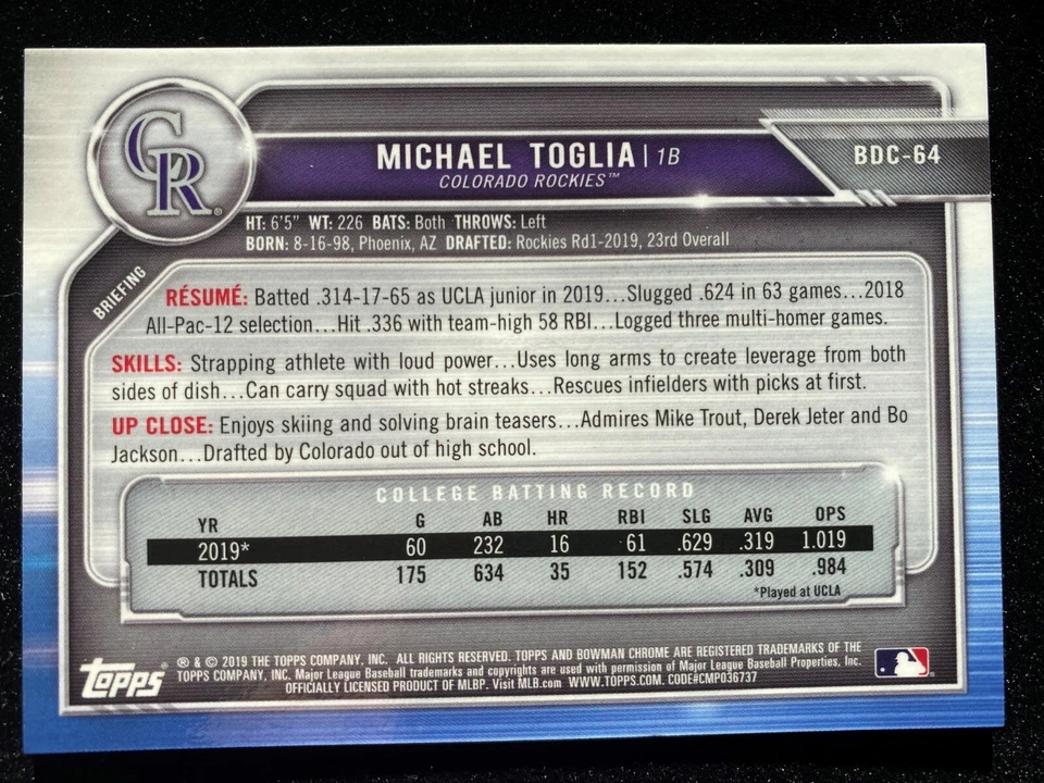 2019 Bowman Draft Chrome MICHAEL TOGLIA 1st Rookie BLUE REFRACTOR #144/150 RC SP - Image 2 of 3