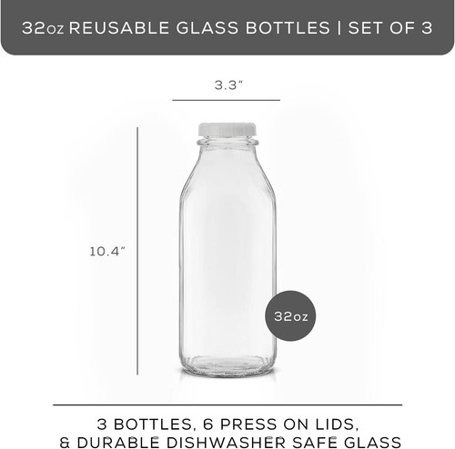 Joyjolt Glass Milk Bottles with Lids and Pourer – 32 Oz, 3 Pack Airtight Heavy - Picture 4 of 8