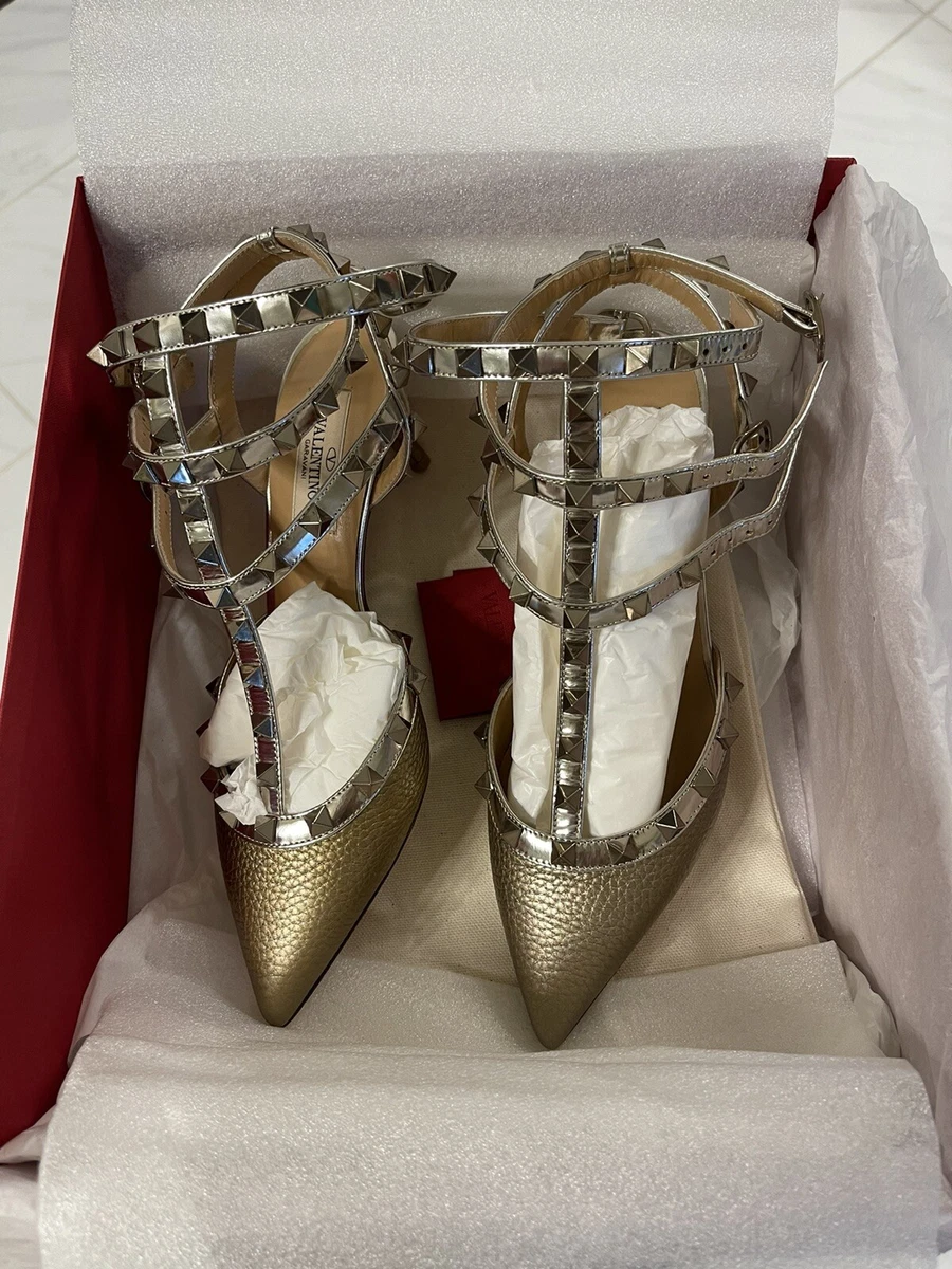 Valentino Rockstud Metallic Gold Ankle Strap Low Heel Shoes 36 | eBay