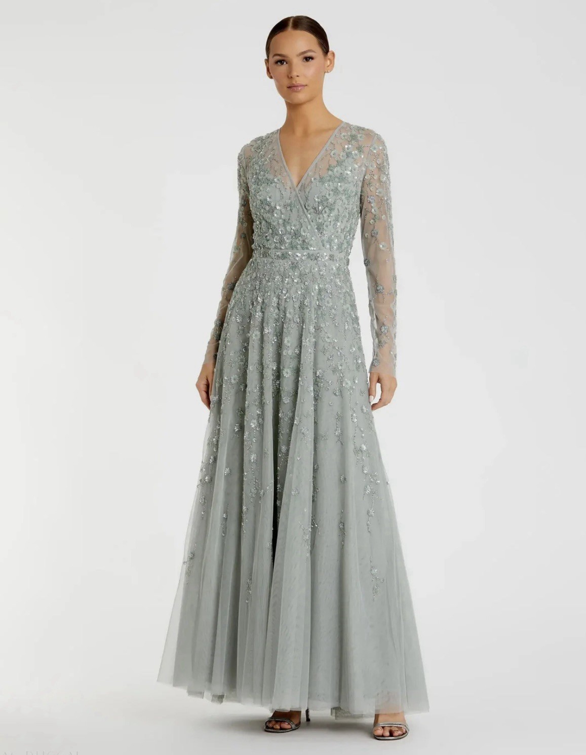 Mac Duggal 9131 Sz 10 Sage Faux Wrap Floral Embellished A-line Gown $798