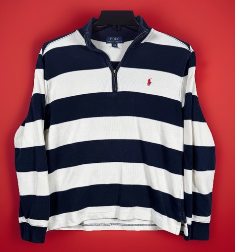 Polo Ralph Lauren Quarter Zip Sweater Boys Large Blue/White Stripe Pony Preppy