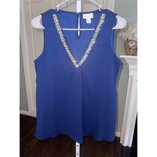 New Adrienne Vittadini Women's Sleeveless Blue Top with Crystals & Pearls Size S