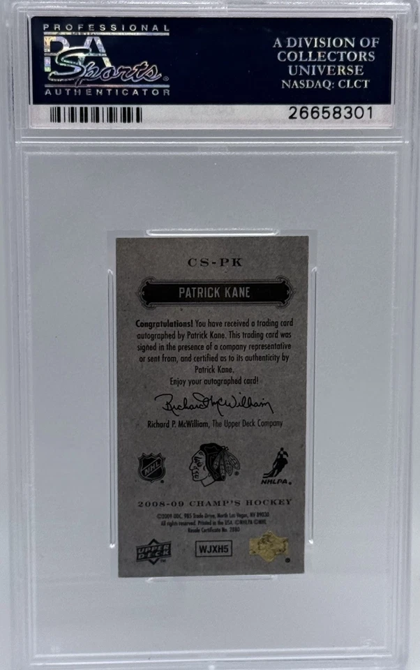2008-09 UPPER DECK CHAMP'S Patrick Kane MINIS SIGNATURES AUTO CS-PK PSA 8 - Image 2 of 2