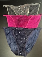 3 Pr Vtg String Bikini Panties Nylon Metallic Sequins Hi Cut Sz 7 Ellemenno