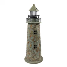 25 in Resin and Cobblestone Solar LED Lighthouse Nautical Statue by Sunnydaze