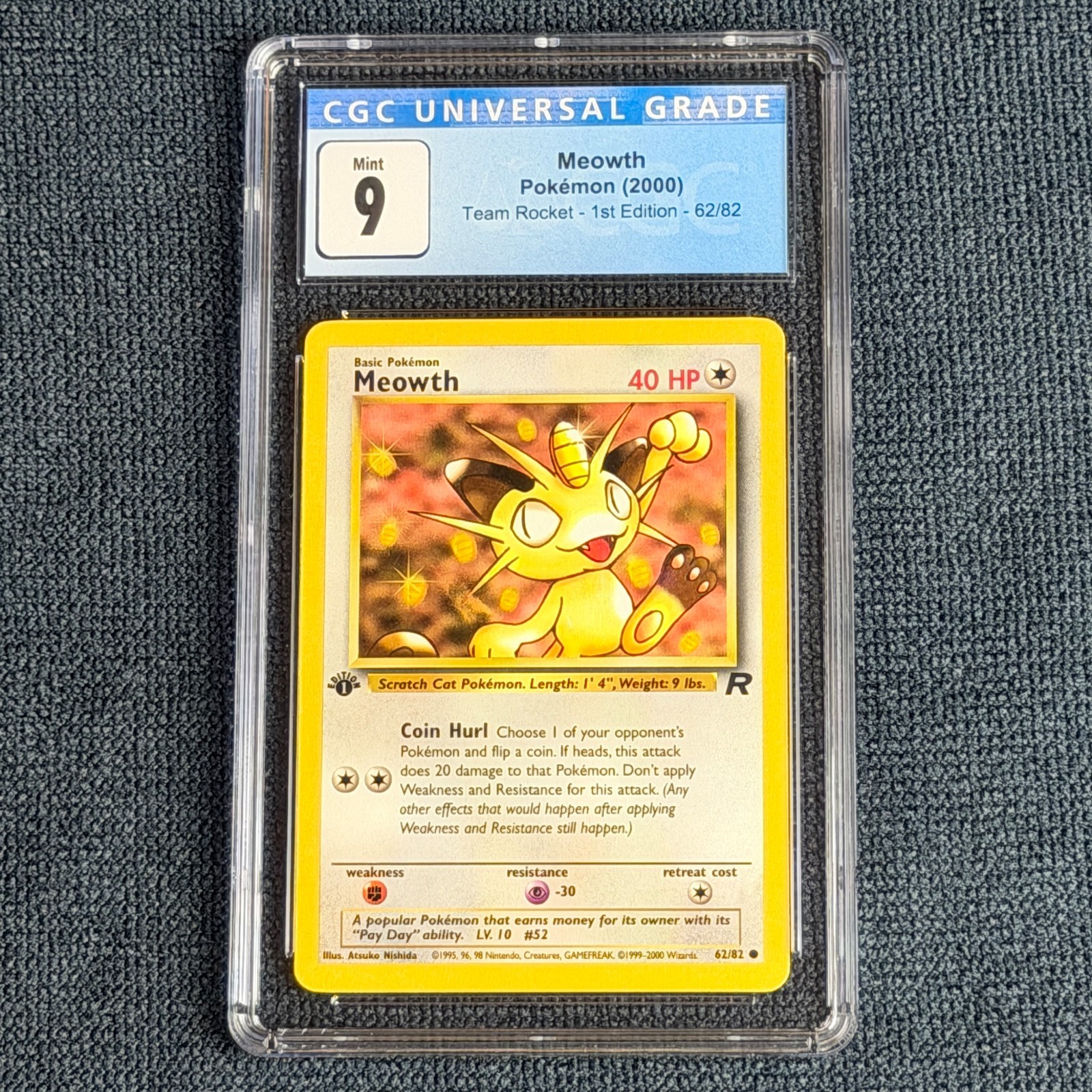 Pokemon Meowth 62/82 1st Edition CGC 9 Mint Blue Label TCG 2000 Team Rocket WotC