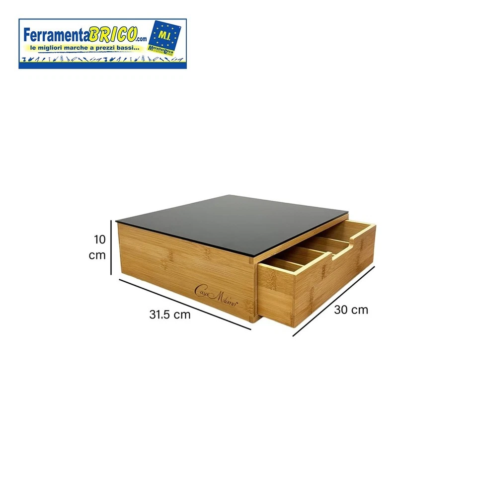 CONTENITORE PORTA CAPSULE CIALDE CAFFÈ IN BAMBÙ E RIPIANO VETRO CON CASSETTO - Immagine 2 di 4