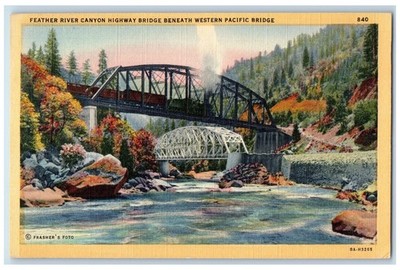 c1950's Twin Bridge Feather River Canyon River Lake Tobin California CA Postcard