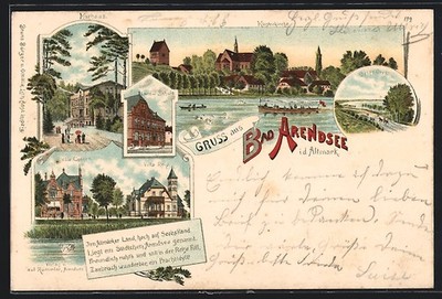 Lithographie Bad Arendsee, Klosterkirche, Kurhaus, Villa Reip, Villa Censen, La 
