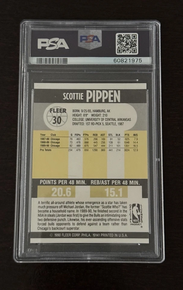 Tarjeta de error Fleer Basketball Scottie Pippen 1990 gema como nueva PSA 10 ¡sin línea negra! Foto 2 de 2