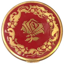 Mid Century Vintage Powder Compact Red Enamel Gold Tone Rose Floral 3 1/2" Round