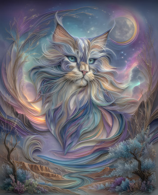 8x10 Cat With Long Mane & A Moon In Background Art Print Wall Decor - 406066178