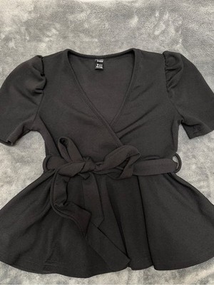 SHEIN Black Wrap Peplum Top with Tie Waist
