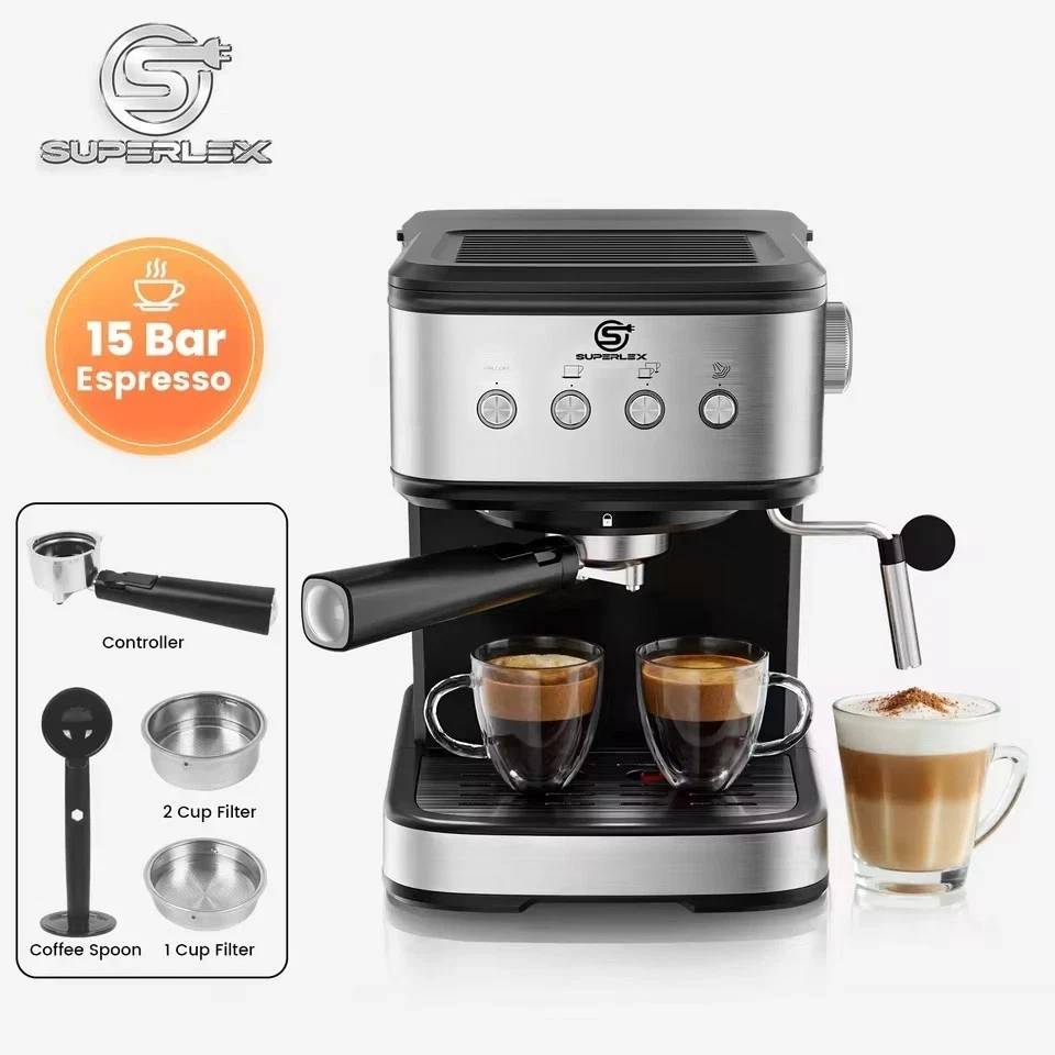 SUPERLEX 15 Bar Espresso Machine w/ Milk Frother for Ground Coffee 1.5L Capacity
