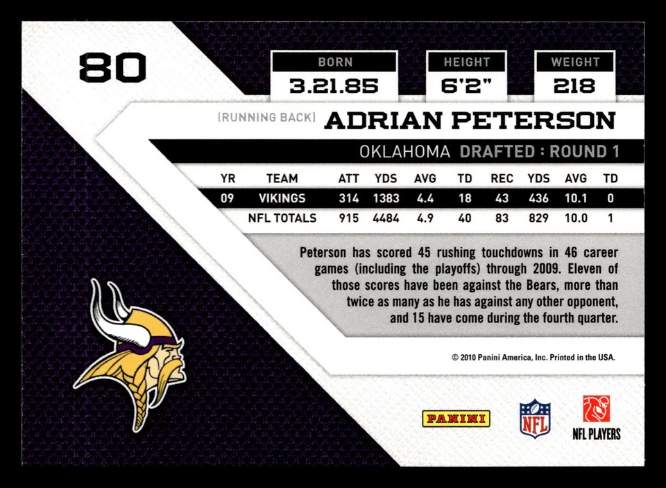 Adrian Peterson 2010 Panini Threads #80 Minnesota Vikings FREE SHIPPING *097 - Image 2 of 2