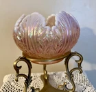 Fenton Glass Vintage Empress Lotus French Pink Opalescent Rose Bowl- Brass Stand