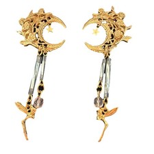 Vintage Kirks Folly Goldtone Fairy Crescent Moon Drop Dangle Pierced Earrings