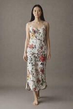 Vintage Natori Satin Slip Dress S White Multi Floral Sleeveless Lounge Gown