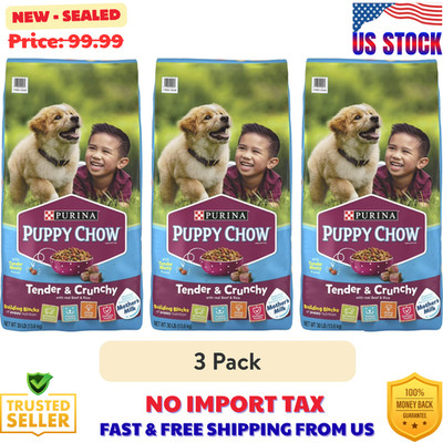 (3 pack) Purina Puppy Chow Dry Dog Food, High Protein Tender & Crunchy Beef 30lb