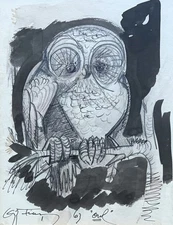 OZZ FRANCA Original Signed Mixed Media Owl Drawing Modernist 1963
