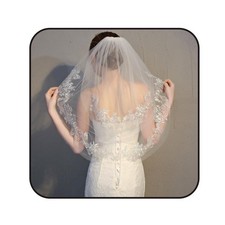 Flower Lace Wedding Veil 2 Tier Short Bridal Veils for Brides White Waist Len...