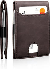 Men Slim Leather Wallet RFID Blocking Money Clip Bifold Minimalist Dark Brown