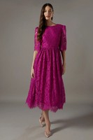 Coast Womens A-Line Midi Dress Magenta Lace Short Sleeve Formal Occasion