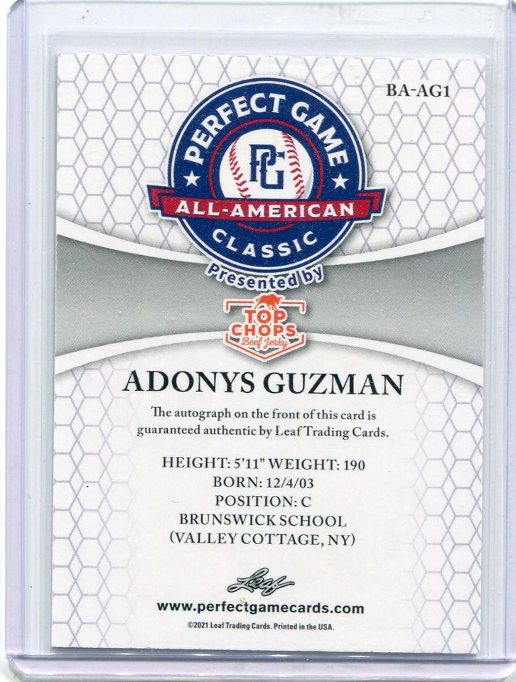 2021 Leaf Perfect Game All American Autographs Purple Adonys Guzman Auto 1/1 - Image 2 of 2