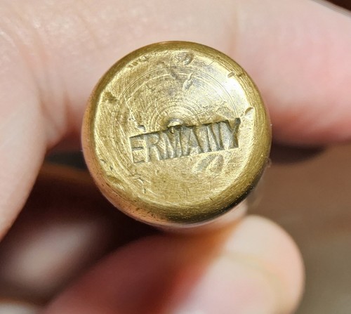 ANTIQUE SMALL BRASS TUBE WITH 4-PIECE TOOL SET INSIDE "GERMANY" MADE MARKED END  - Picture 8 of 12