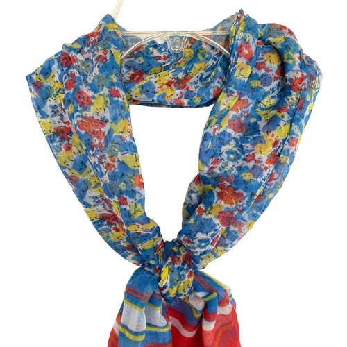 DY Light Floral Long Flowers Stripes Red Yellow Blue 72x31in Polyester Scarf - Picture 3 of 11