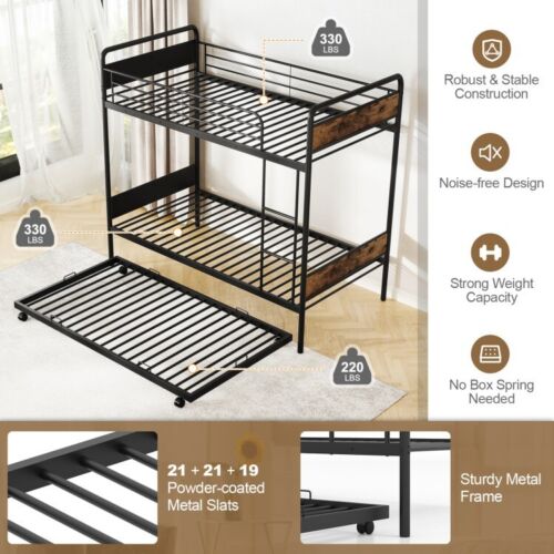 Twin Over Twin Size Metal Bunk Bed W/Trundle Apartment Home Bedroom Children Bed - Picture 5 of 15