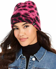 DKNY Fuzzy Animal Print Knit Beanie, Pink New with Tags #95