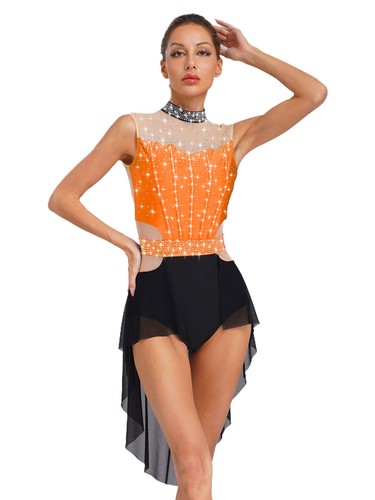 Women High Low Dancewear Ice Skating Dress Shiny Stretchy Skirts for Ballroom - Picture 140 of 162