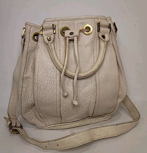 Tory Burch Drawstring Bucket Bag Hobo Shoulder Crossbody Purse Ivory Vintage