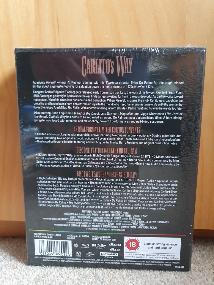 Carlito's Way 4k Blu-Ray Limited Edition Arrow Video Pacino Penn NEW SEALED - Image 3 of 4