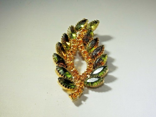 Mid Century Pin/ Broach with Amber and Green Amber Rhinestones, Leaf Shaped - Picture 2 of 8