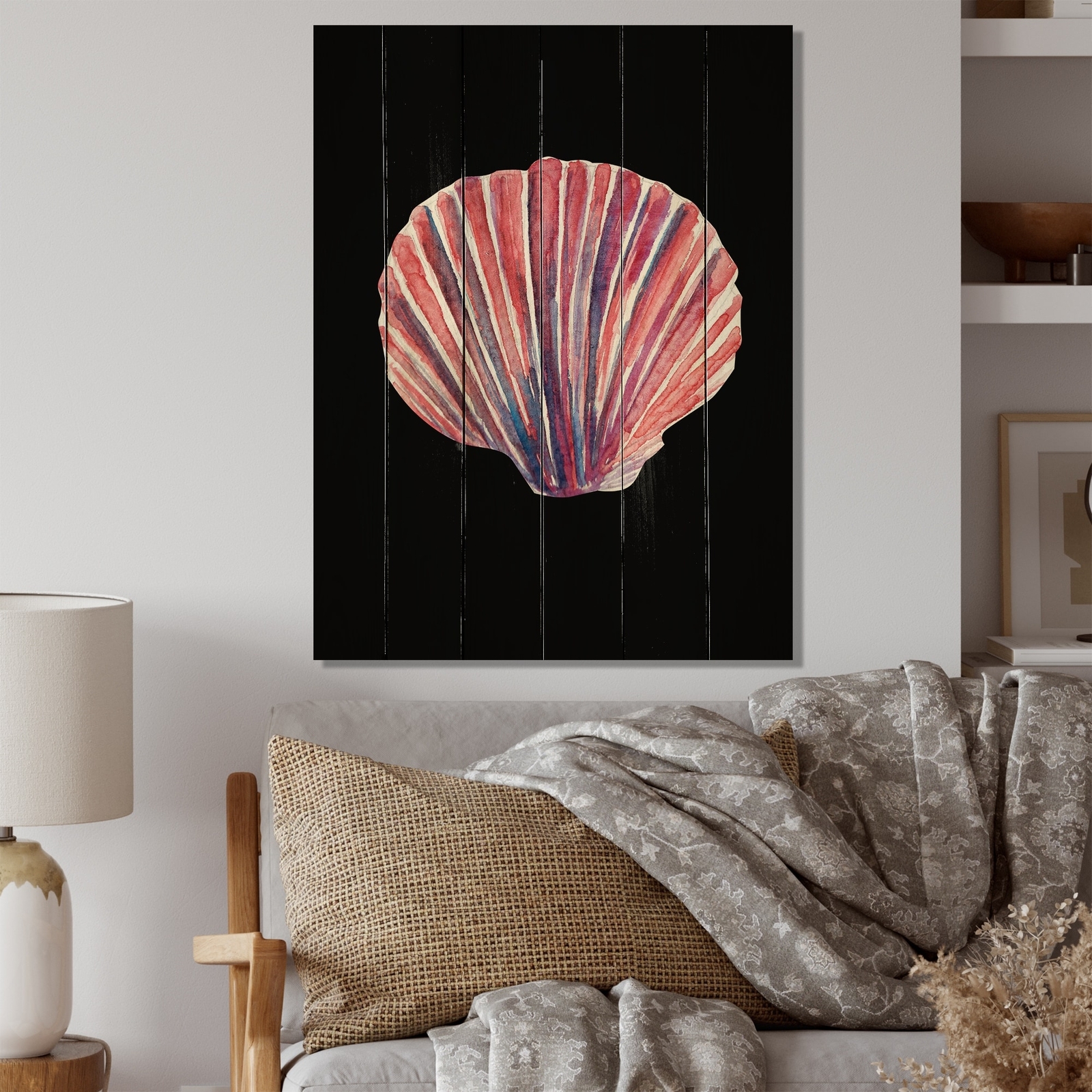 Designart 'Shell On Black' Nautical & Coastal Wood Wall Art - Natural Pine Wood